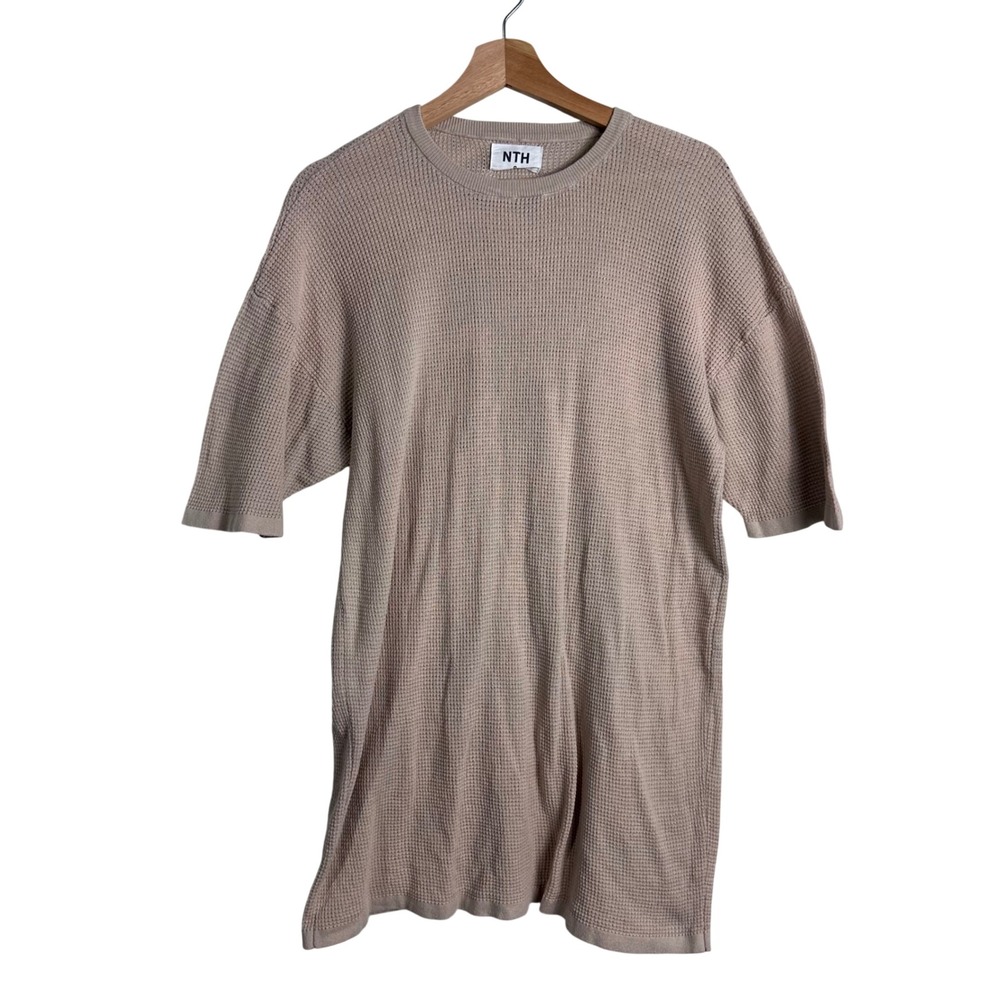 NTH Tan Beige Waffle Knit Short Sleeve Crew Neck Sweater Top Small